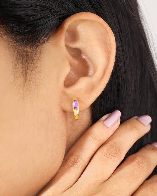 14K Gold Plated Over Silver Amethyst Gemstone Hoop Earring