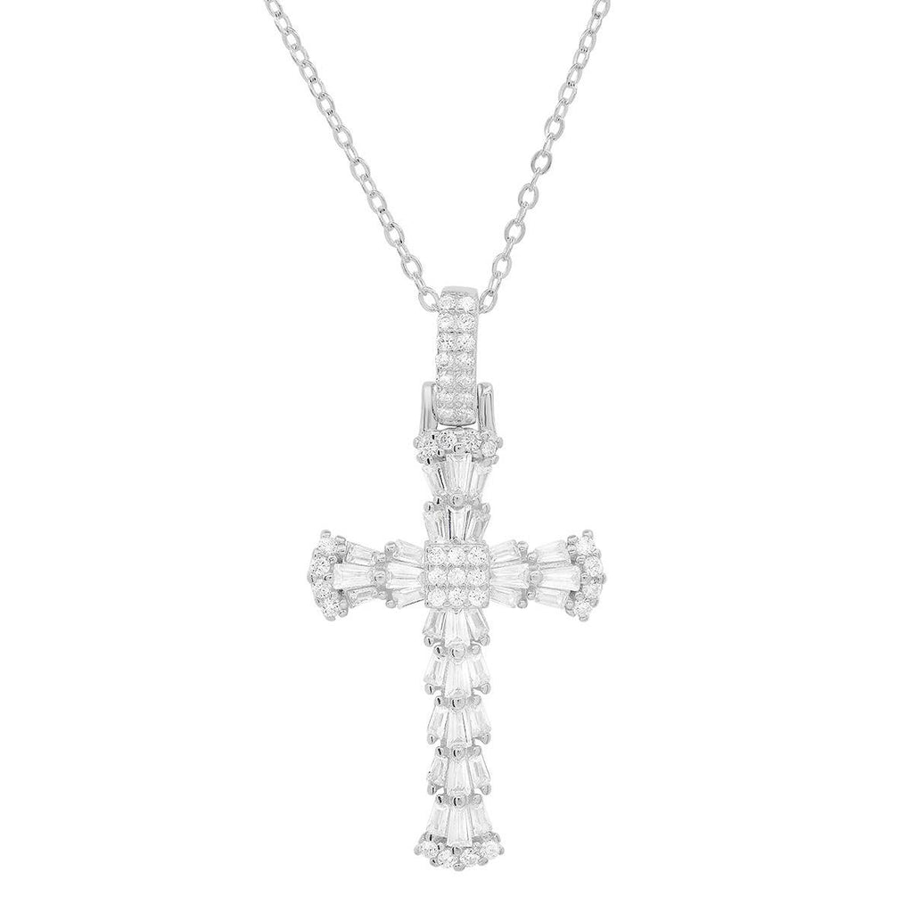 Queen Jewels - 925 Silver/Gold Diamond CZ Fancy Baguette-cut Cross Pendant
