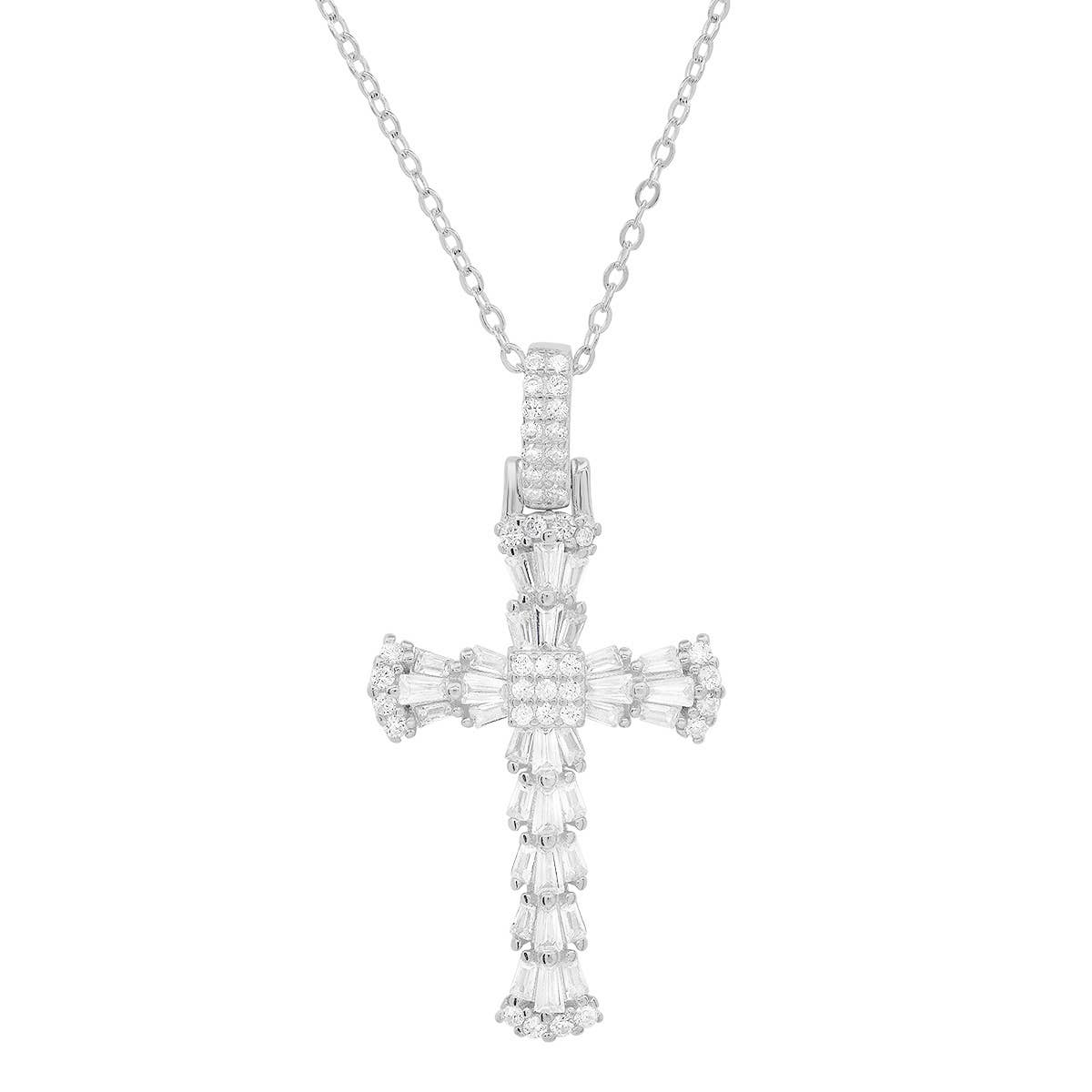 Queen Jewels - 925 Silver/Gold Diamond CZ Fancy Baguette-cut Cross Pendant