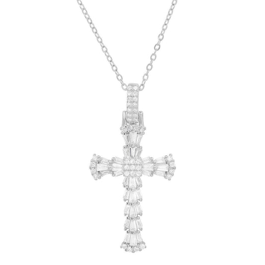 Queen Jewels - 925 Silver/Gold Diamond CZ Fancy Baguette-cut Cross Pendant