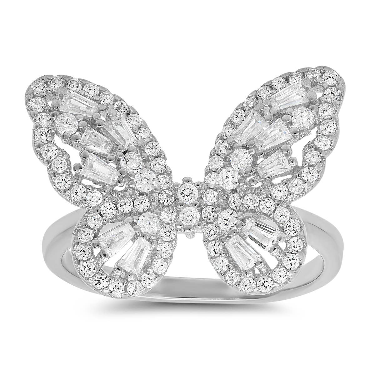 Queen Jewels - 925 Silver/Gold Diamond CZ Baguette Butterfly Ring