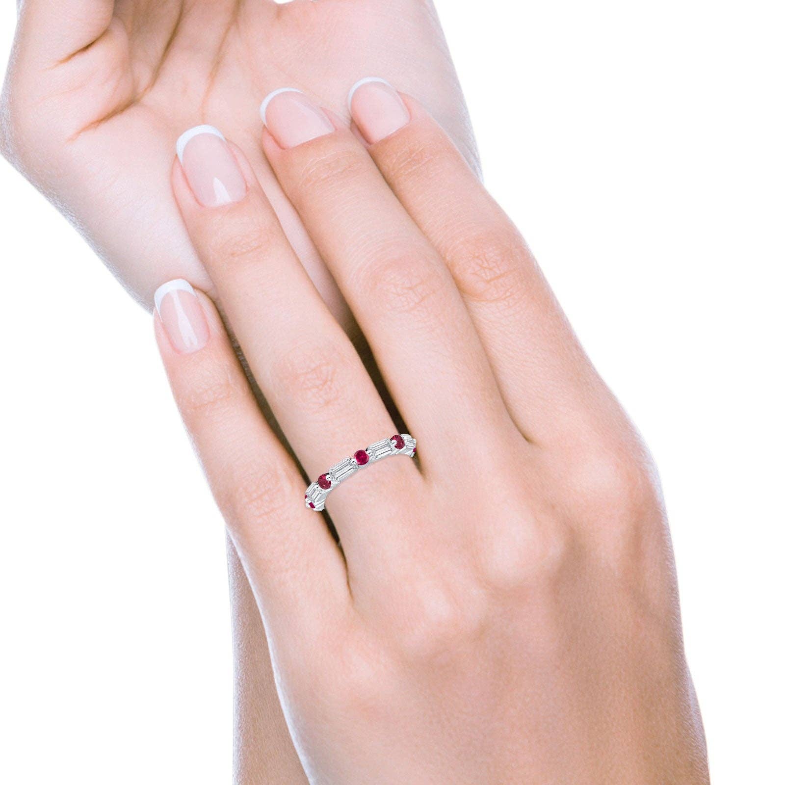 Blue Apple Imports - Full Eternity 3mm Emerald Cut & Round Ruby CZ Wedding Band