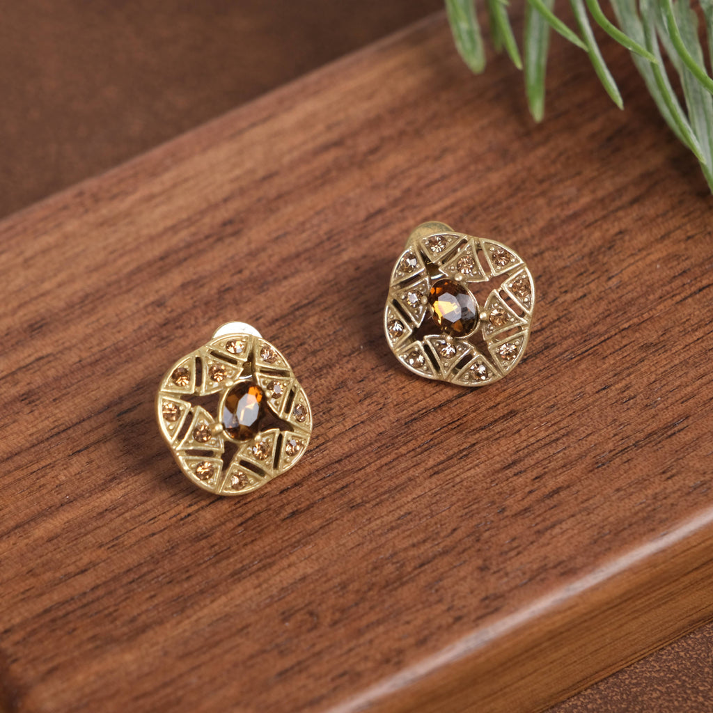 GirlyPirateCo - Vintage 18K Gold Plated Hollow Caramel Crystals Earrings