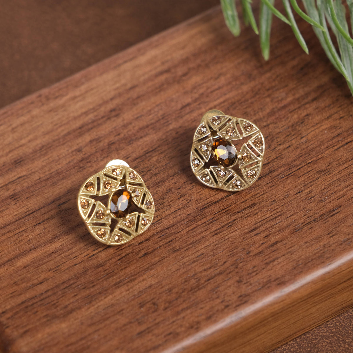 GirlyPirateCo - Vintage 18K Gold Plated Hollow Caramel Crystals Earrings