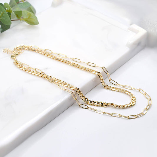 StarryNYC - Two Row Curbed & Paper Clip Chain Metal Necklace