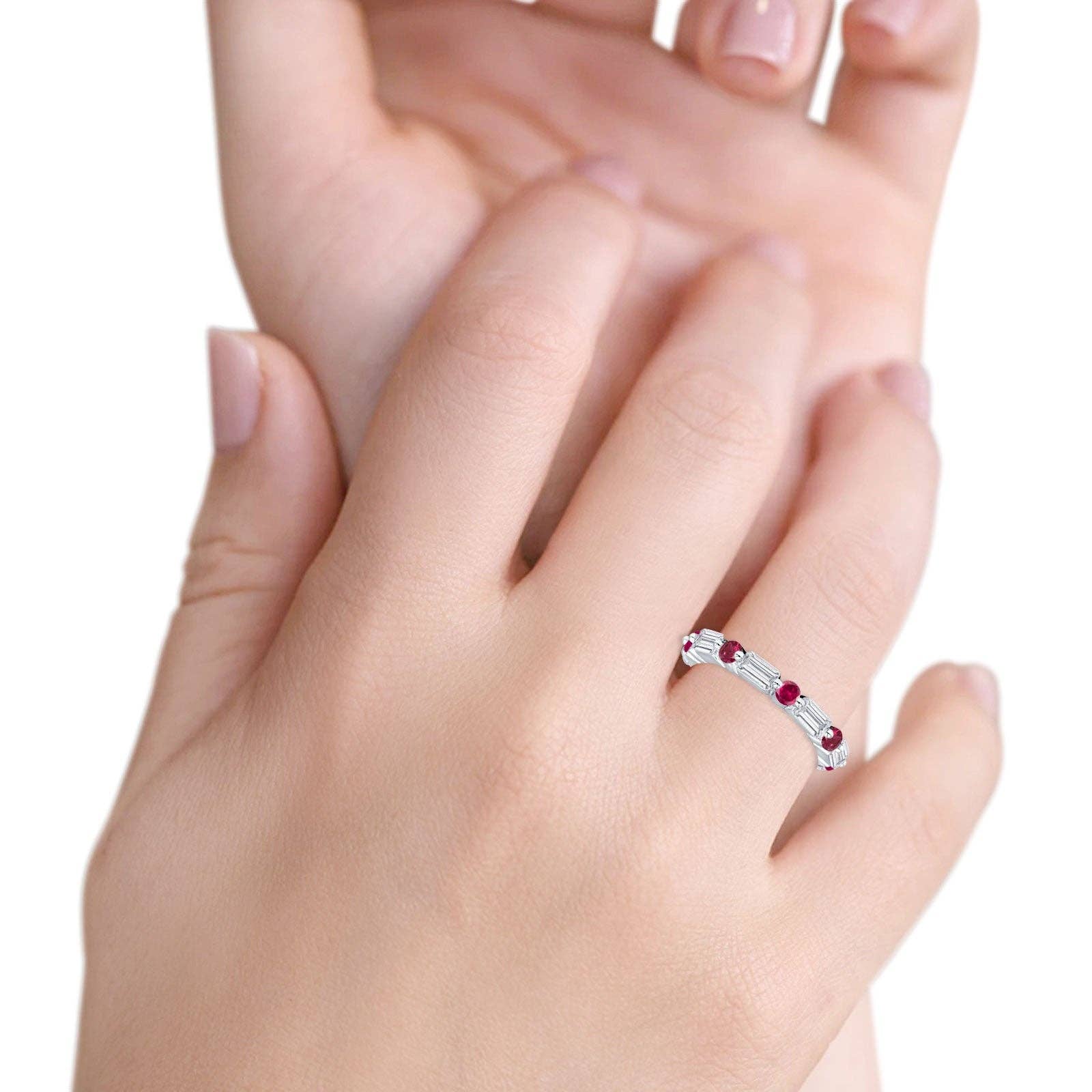 Blue Apple Imports - Full Eternity 3mm Emerald Cut & Round Ruby CZ Wedding Band