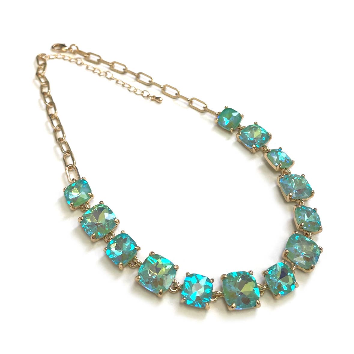 StarryNYC - Cushion Cut Square Glass Crystal Linked Chain Necklace