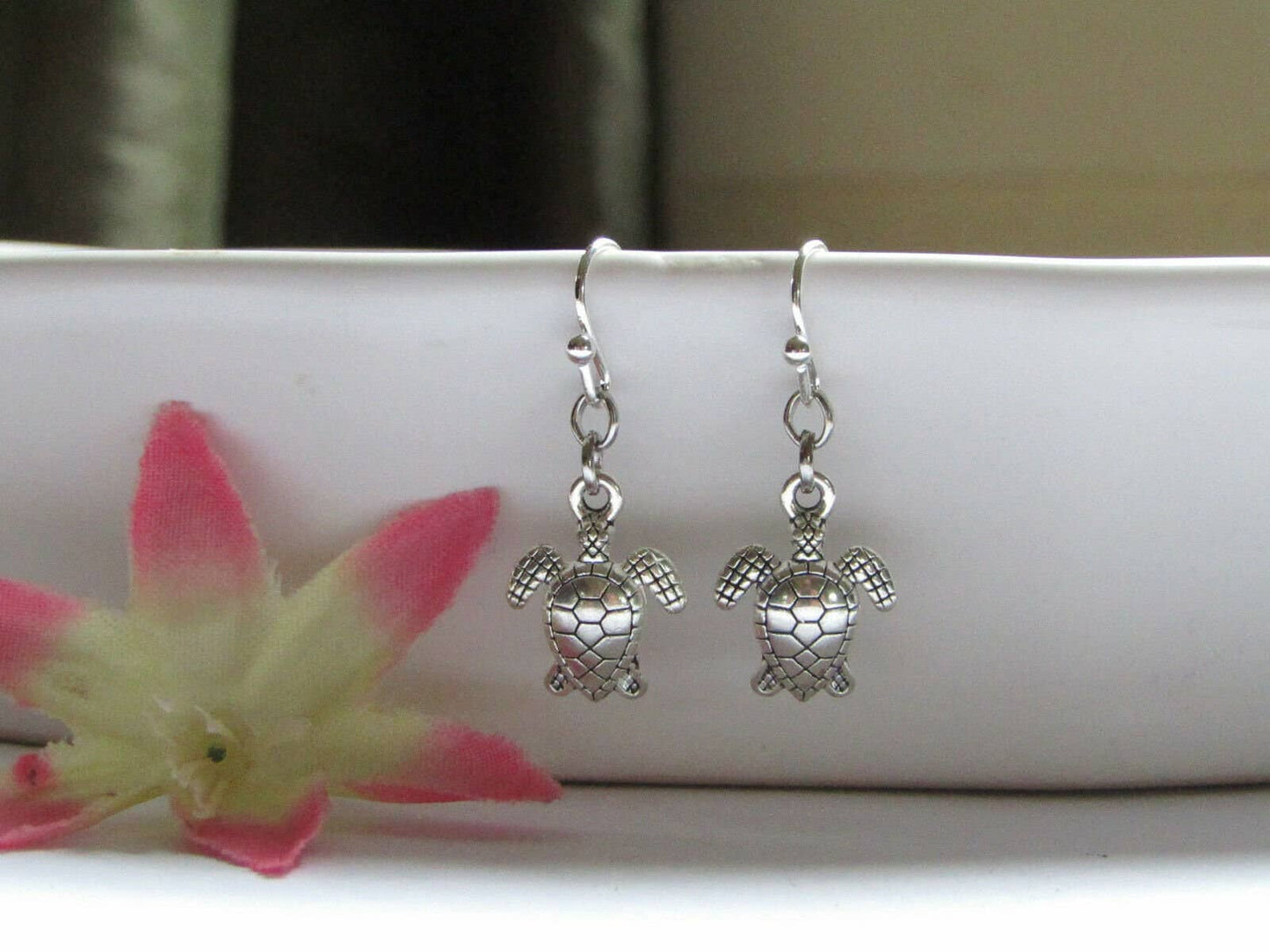 Bad Apple Designs - Sea Turtle Charm Silver Dangle Earrings, Beach Themed Acessories For Women