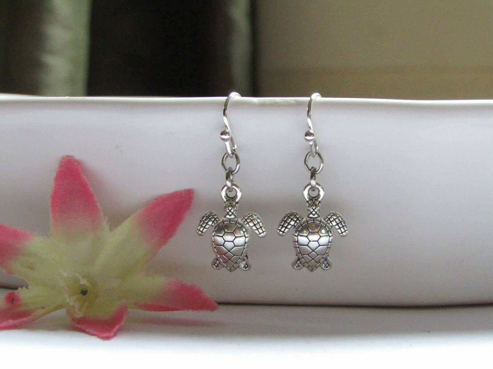 Bad Apple Designs - Sea Turtle Charm Silver Dangle Earrings, Beach Themed Acessories For Women