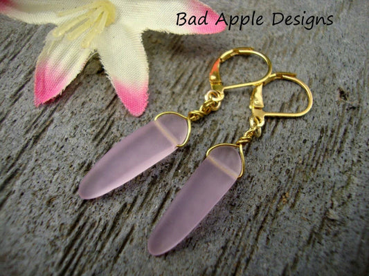 Bad Apple Designs - Sea Glass Periwinkle Pink Dagger Gold Dangle Earrings Beach Boho Resort