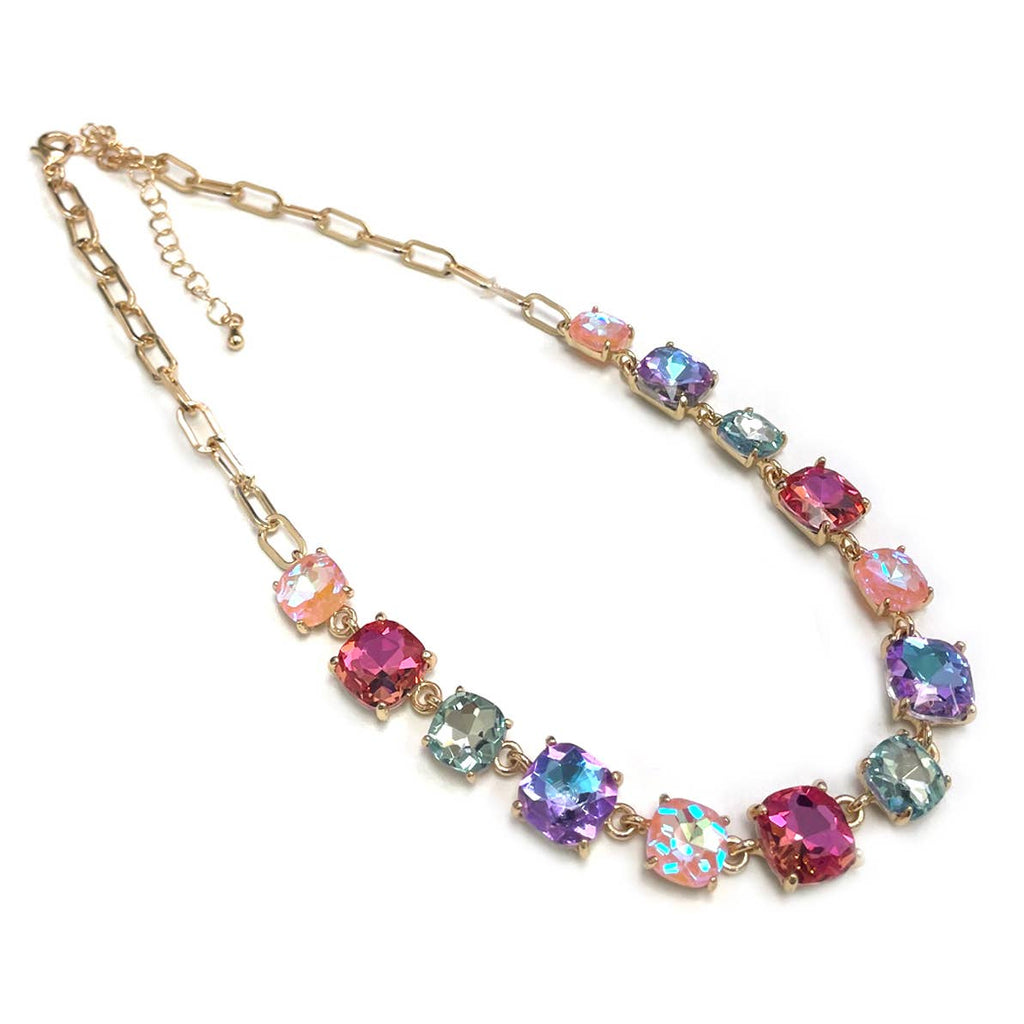 StarryNYC - Cushion Cut Square Glass Crystal Linked Chain Necklace