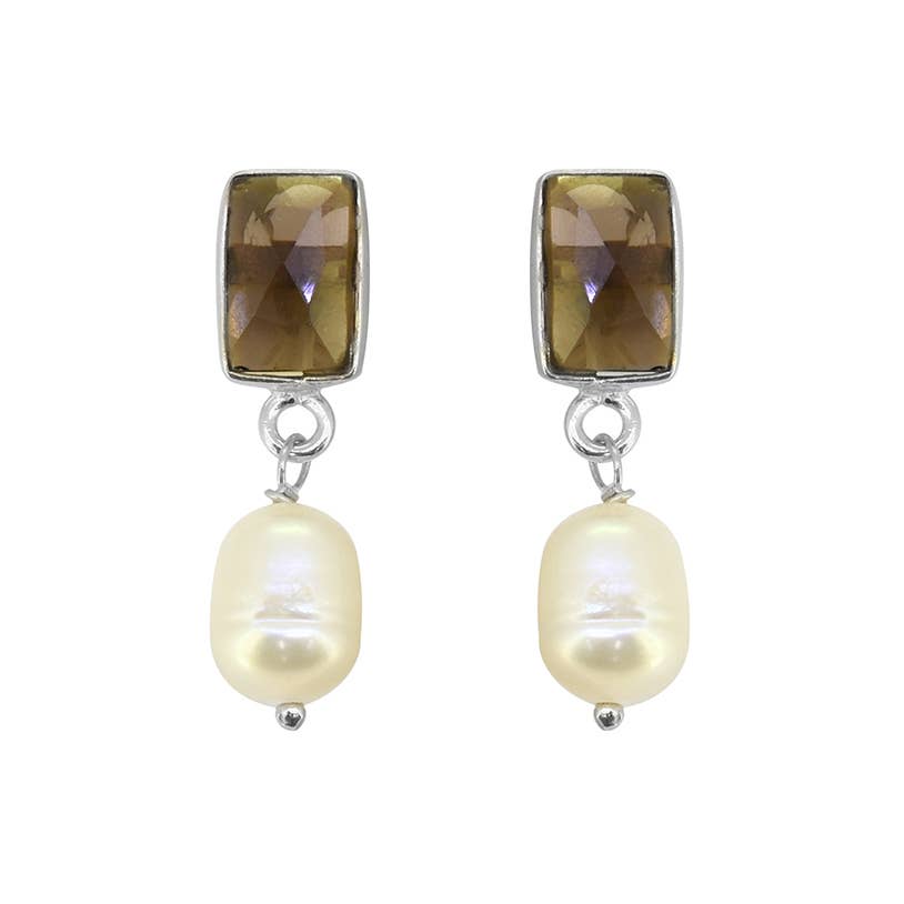 Tiramisu - 925 Sterling Silver Smoky Quartz Pearl Gemstone Stud Earring