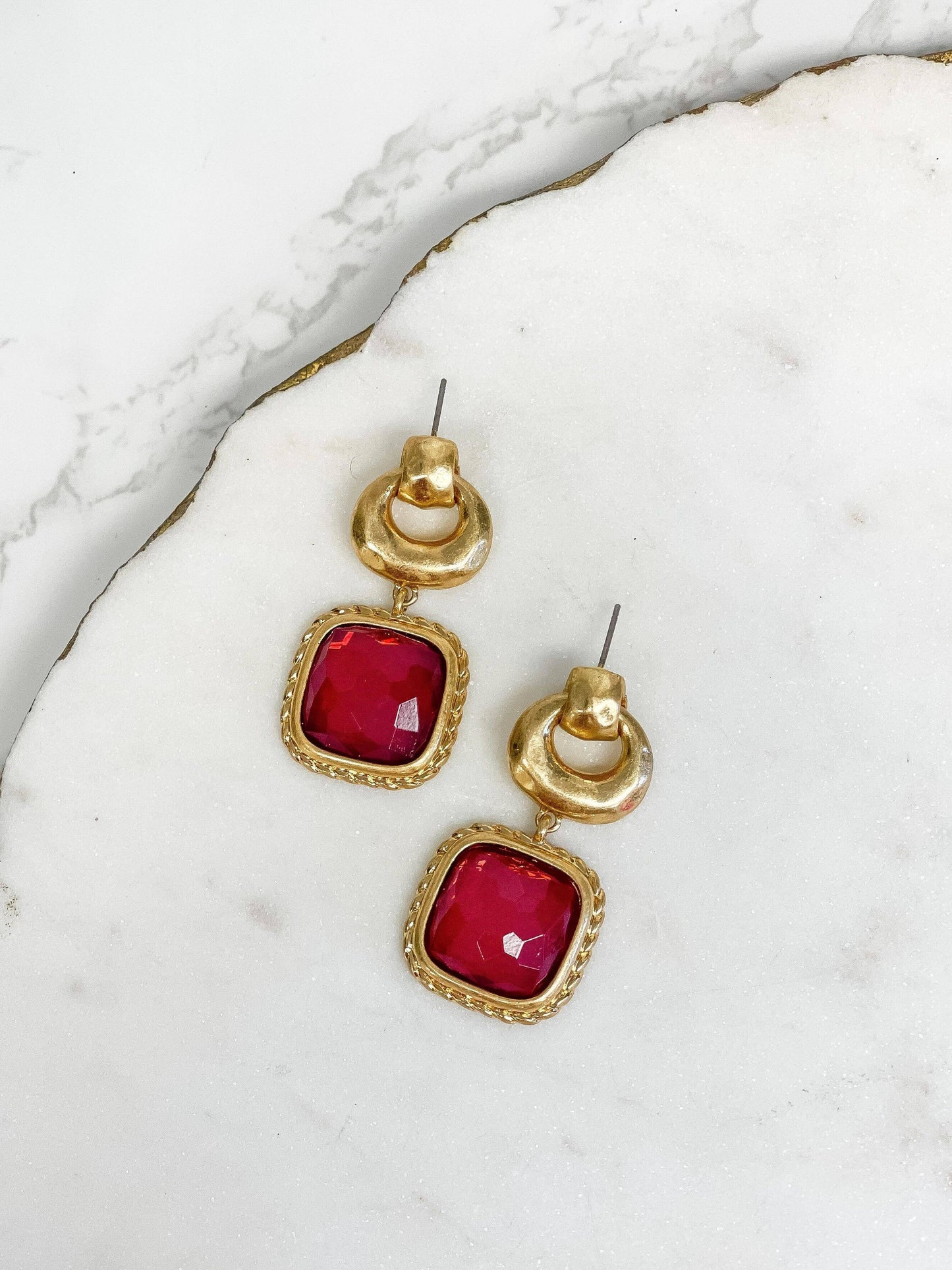 Prep Obsessed Wholesale - Golden Square Red Jewel Drop Earrings