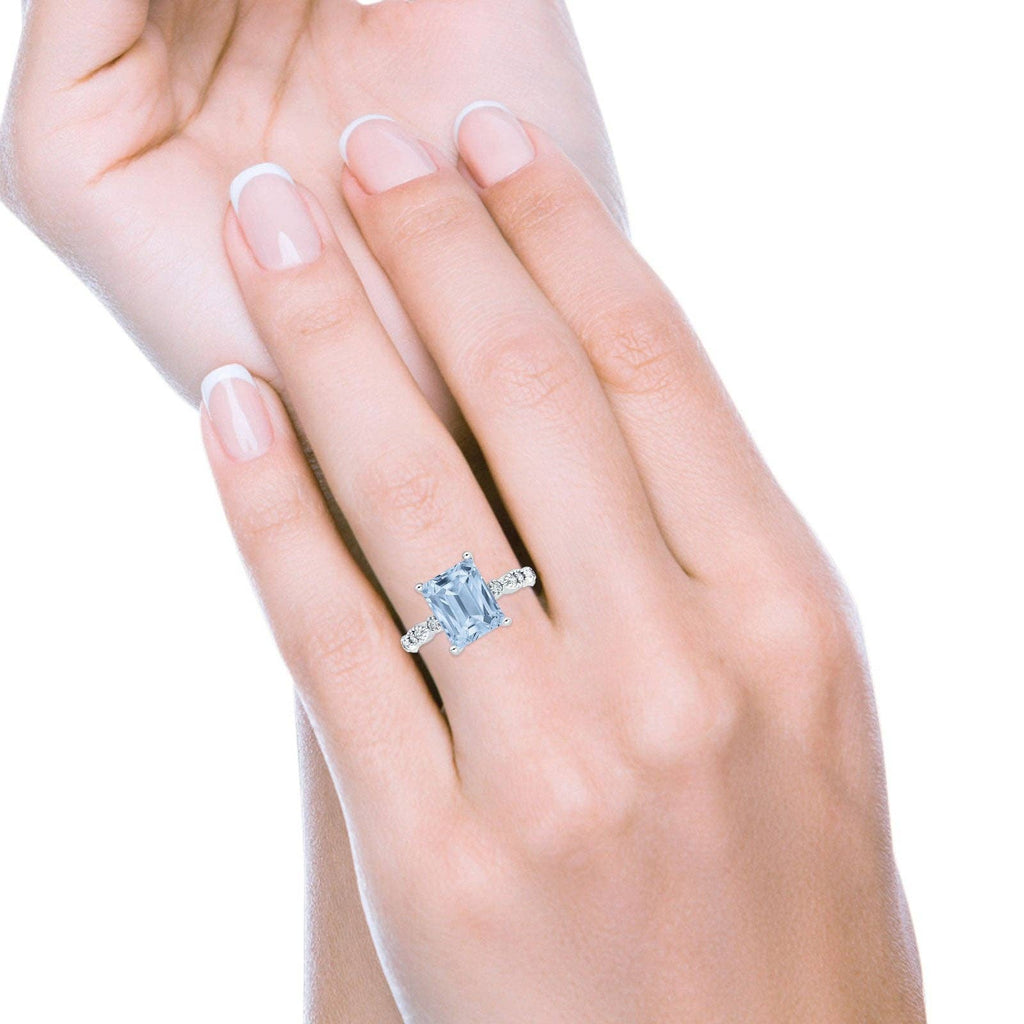 Blue Apple Imports - Vintage Emerald Cut Simulated Aquamarine CZ Engagement Ring