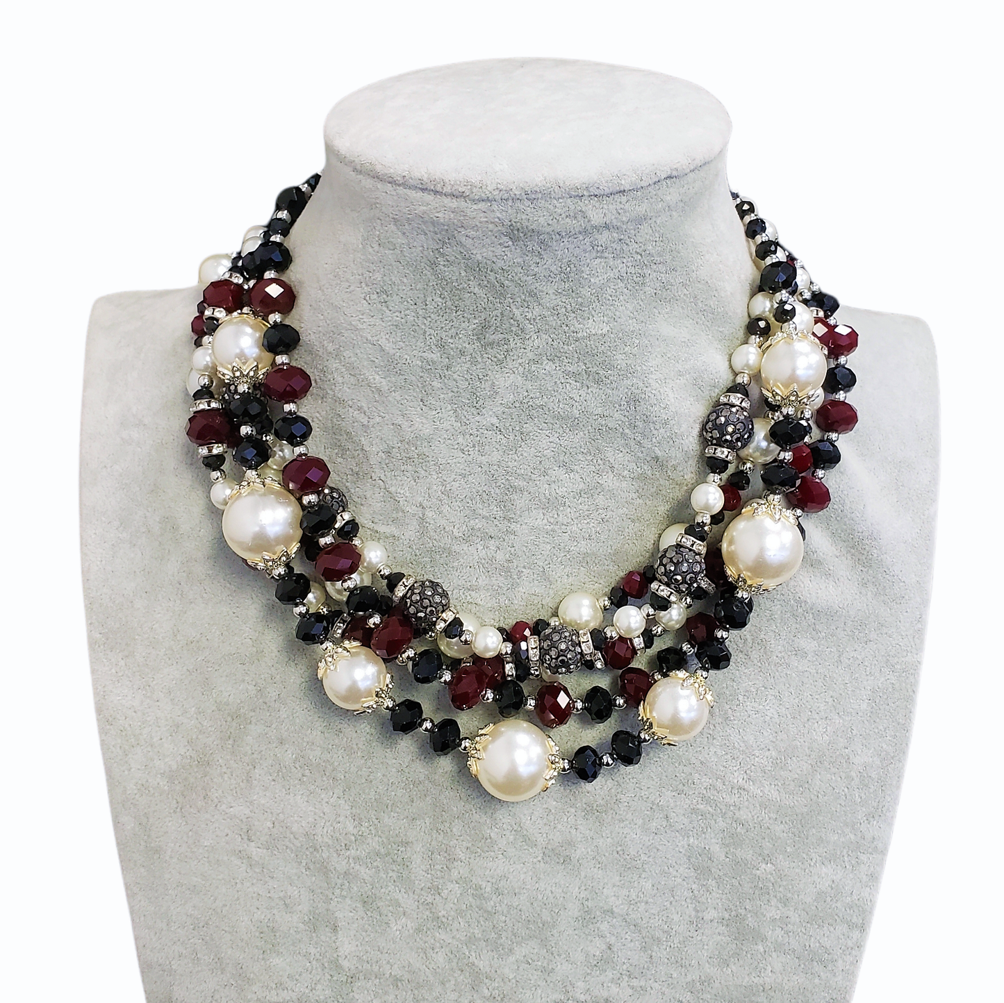 Gardenia Jewelry Ltd. - Burgundy Crystal & Pearl Dramatic Multi-Strand Necklace
