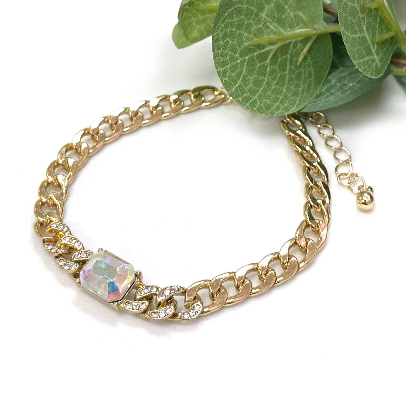 StarryNYC - Square Cushion Cut Glass with Curbed Chain Metal Bracelet