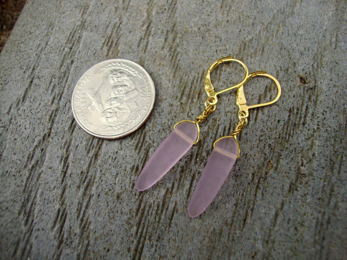 Bad Apple Designs - Sea Glass Periwinkle Pink Dagger Gold Dangle Earrings Beach Boho Resort