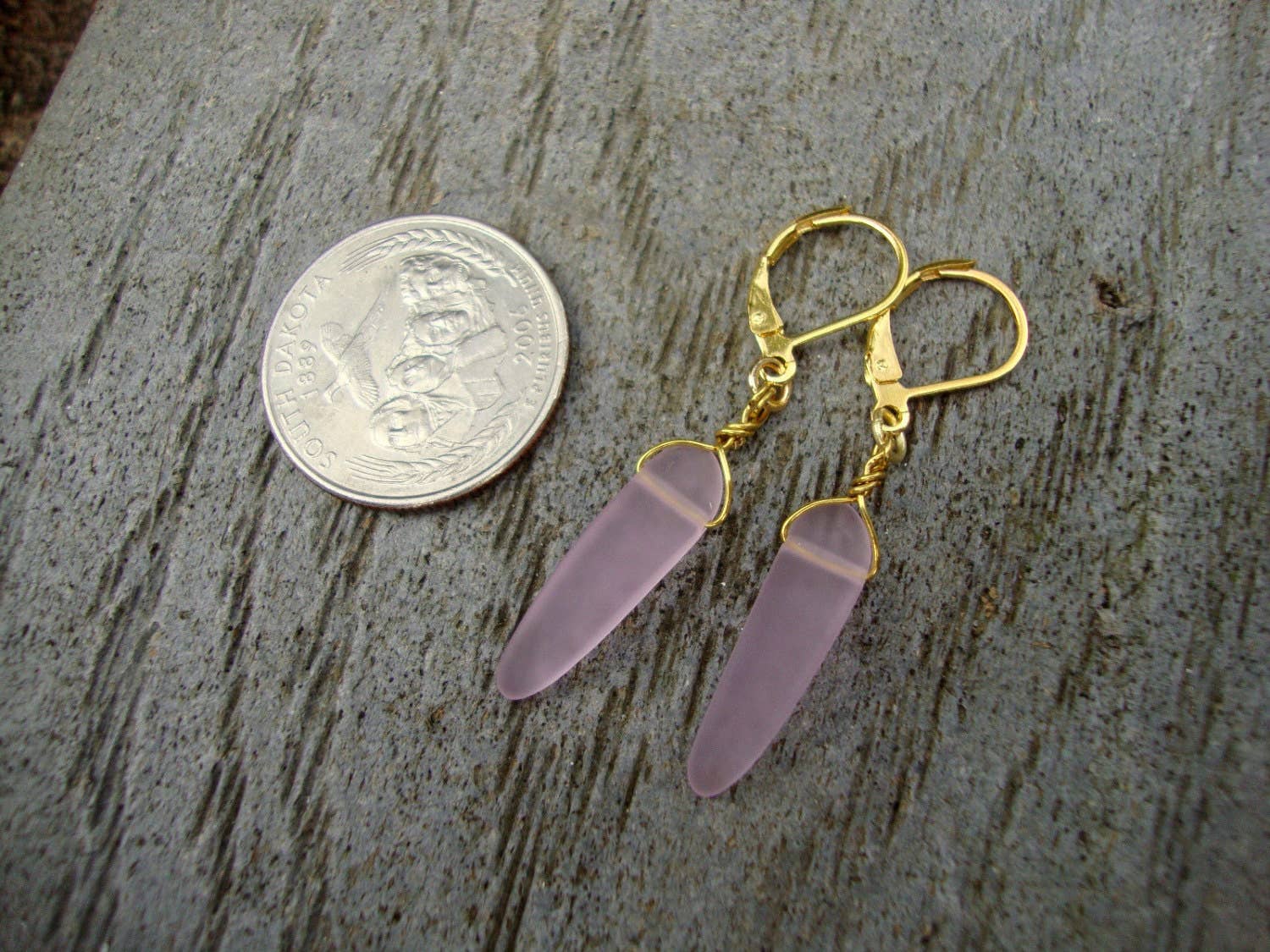 Bad Apple Designs - Sea Glass Periwinkle Pink Dagger Gold Dangle Earrings Beach Boho Resort