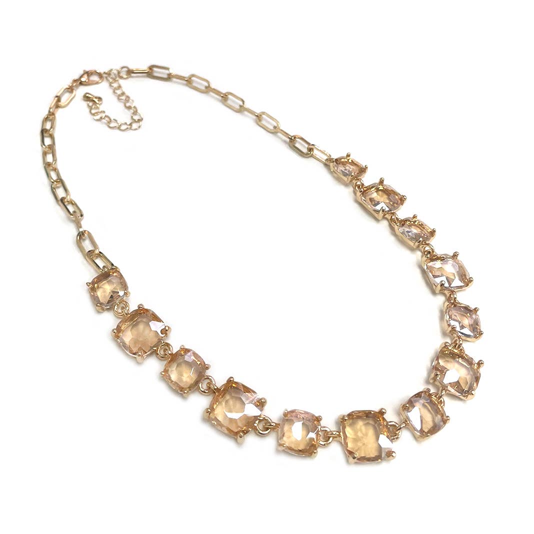 StarryNYC - Cushion Cut Square Glass Crystal Linked Chain Necklace