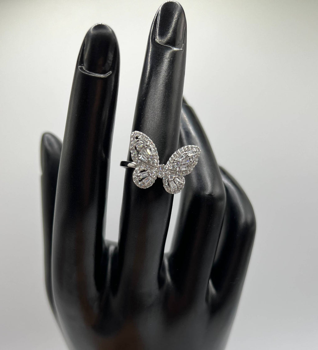 Queen Jewels - 925 Silver/Gold Diamond CZ Baguette Butterfly Ring
