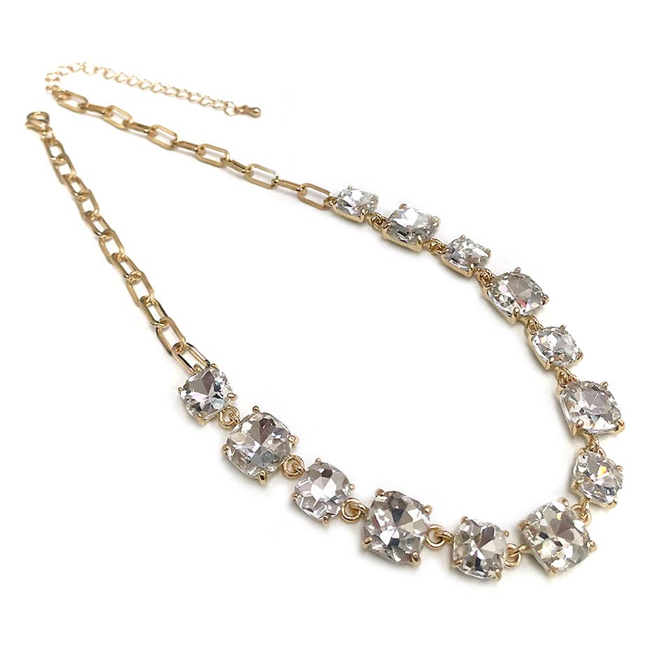 StarryNYC - Cushion Cut Square Glass Crystal Linked Chain Necklace