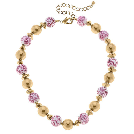 Canvas Style - Regina Chinoiserie & Ball Bead Necklace in Pink & White