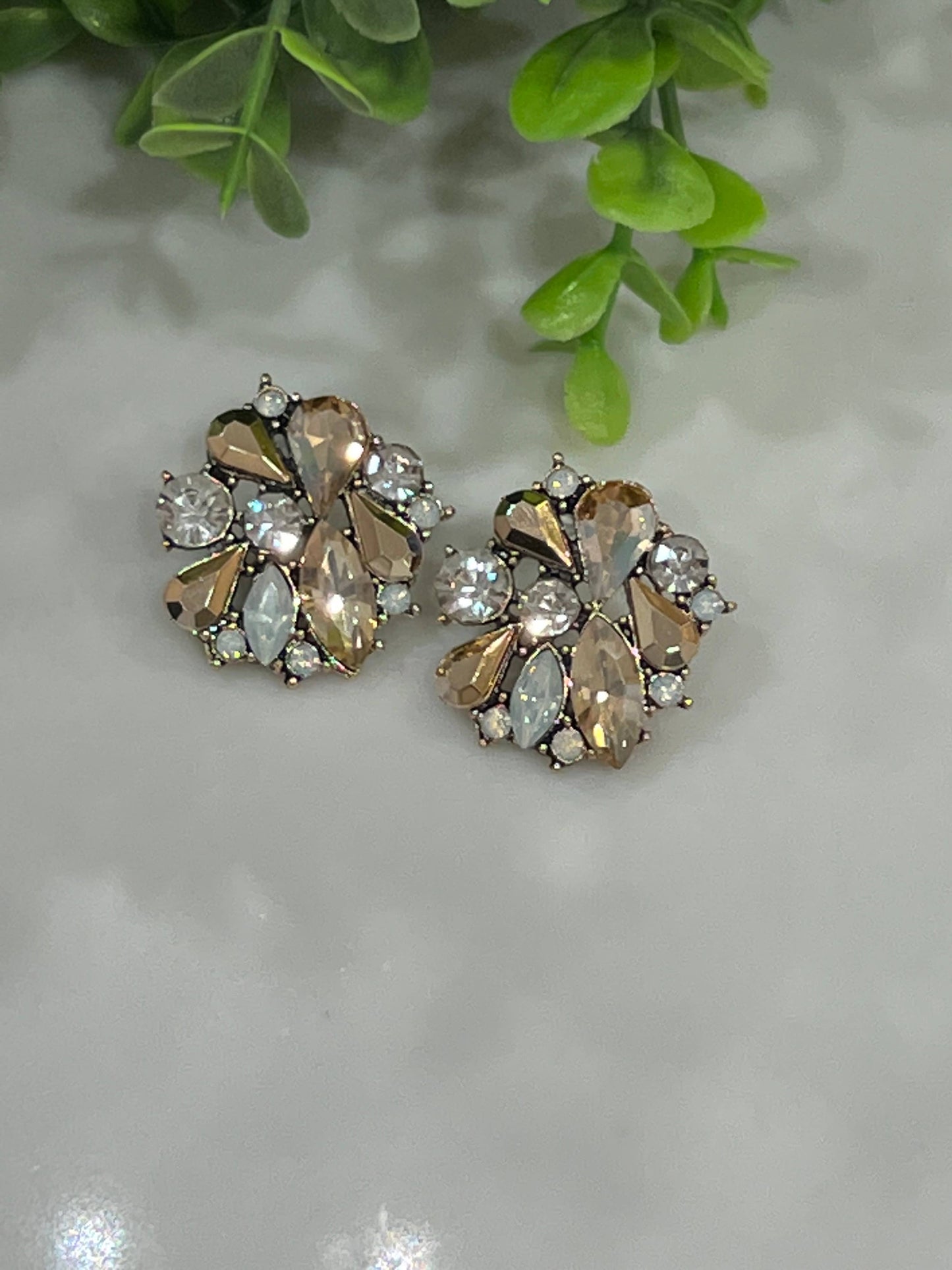 Buttoned Up with Lux - Champagne Statement Stud Flower Crystal Earrings