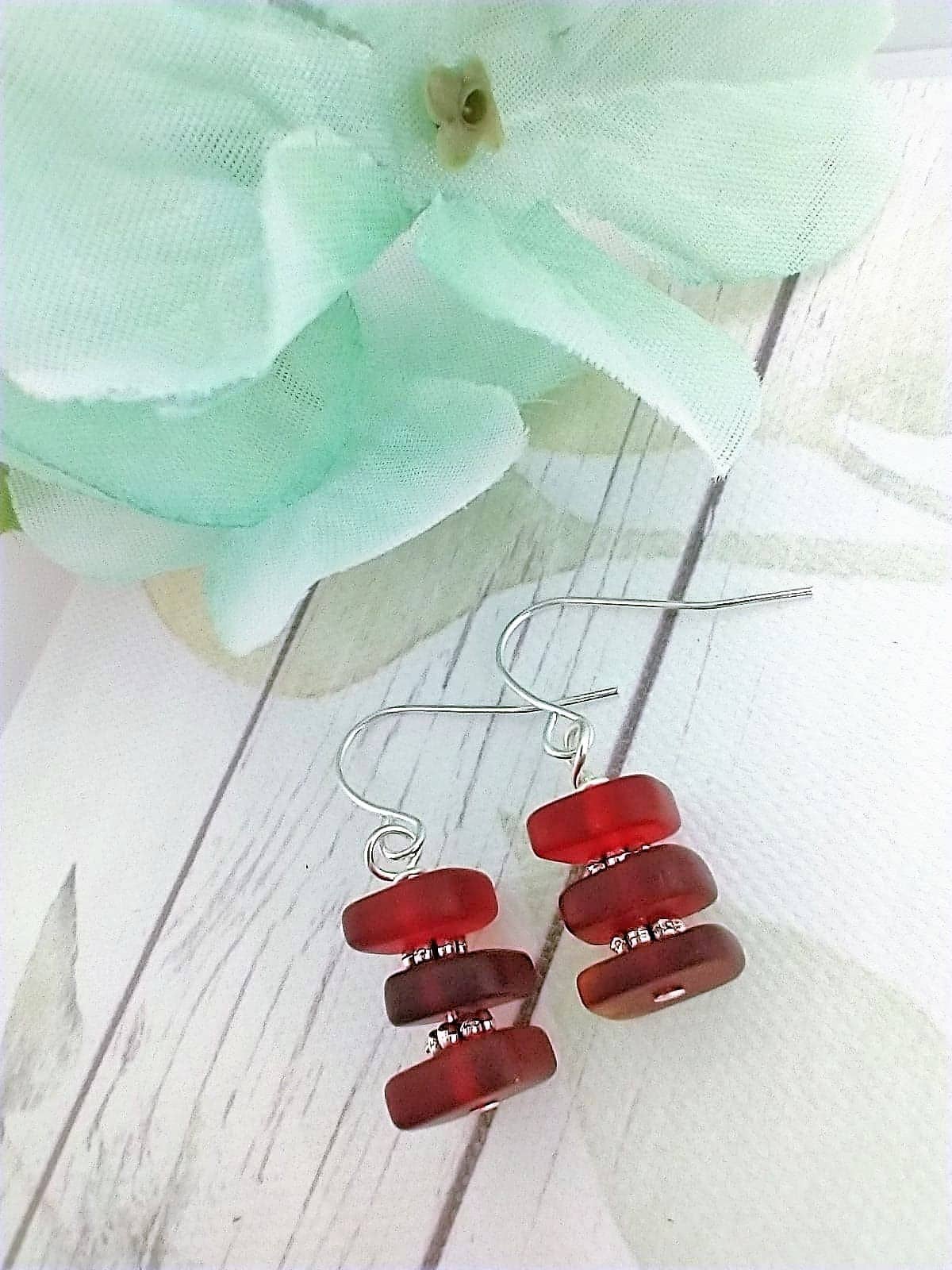 Bad Apple Designs - Stacked Square Sea Glass, .925 Sterling Silver Dangle Earrin