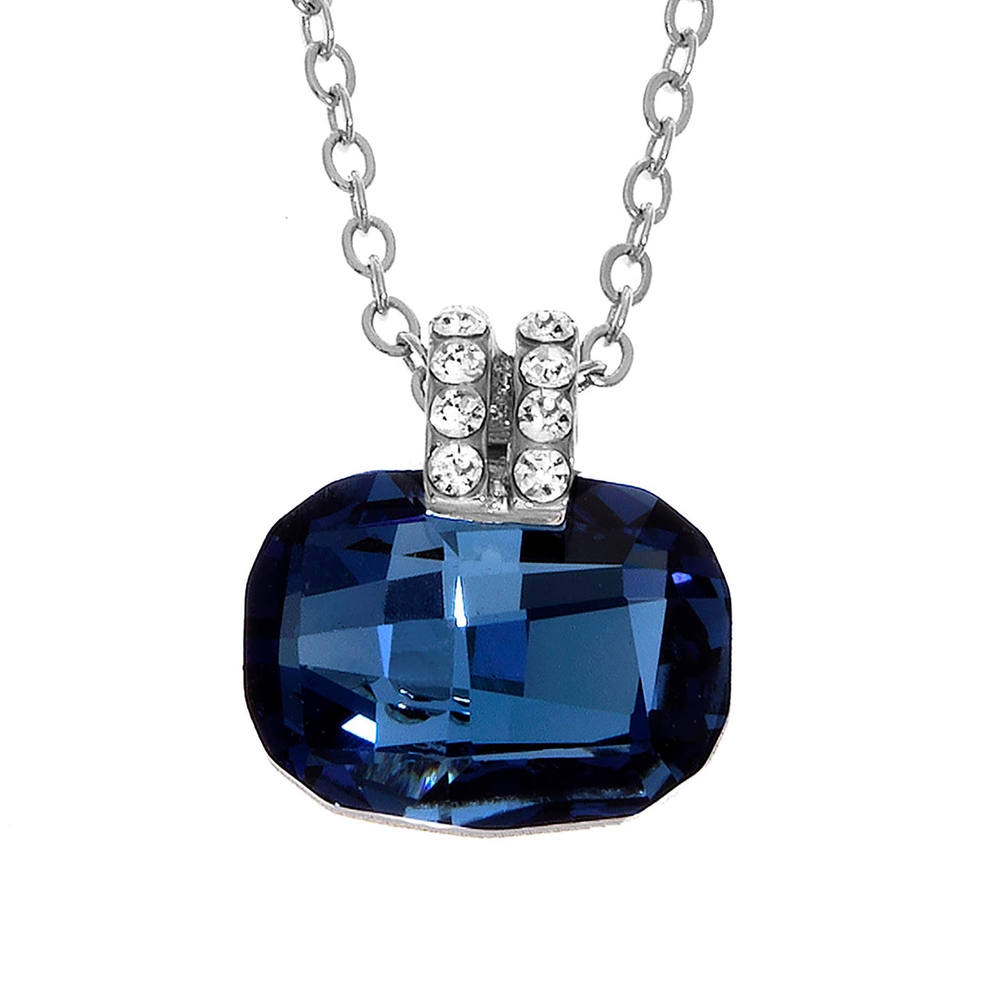 Luxe on Main LLC - Silver Plated Cushion Cut Bl Denim & Clear Crystals Pendant