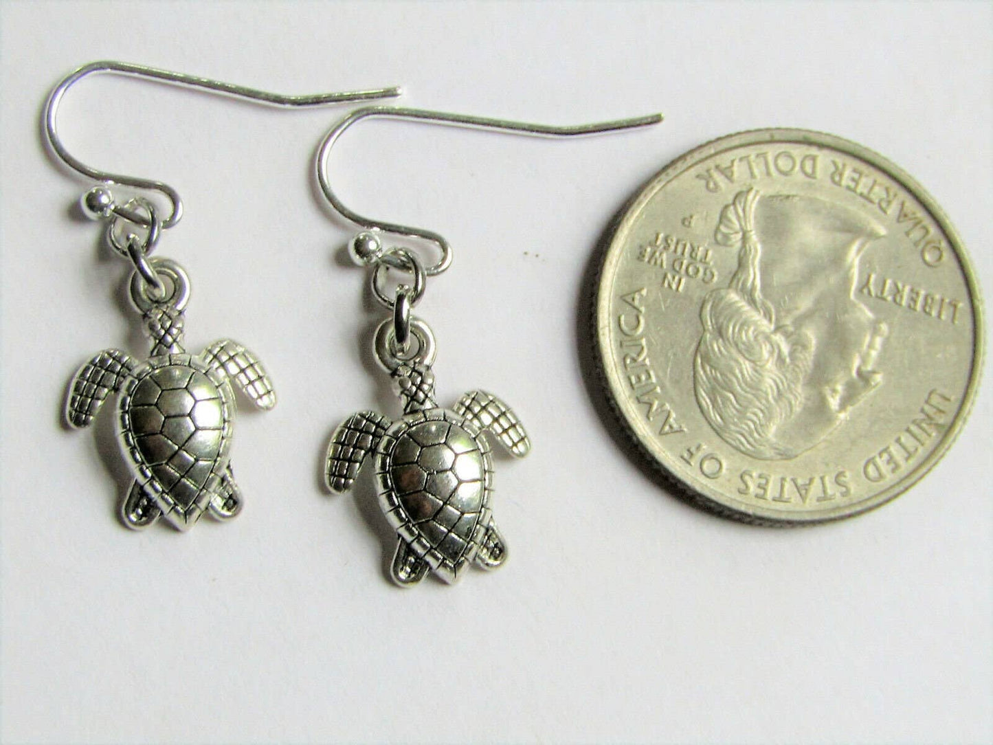 Bad Apple Designs - Sea Turtle Charm Silver Dangle Earrings, Beach Themed Acessories For Women