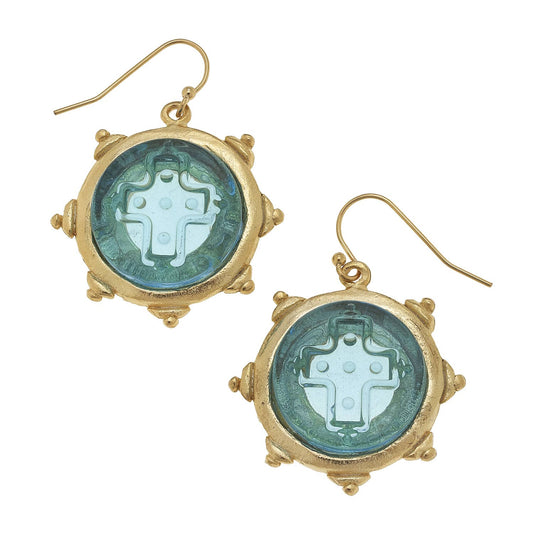Susan Shaw - Aqua Venetian Glass Cross Intaglio Earrings