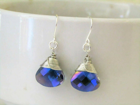 Bad Apple Designs - Metallic Blue Ab Crystal Teardrop Silver Earrings