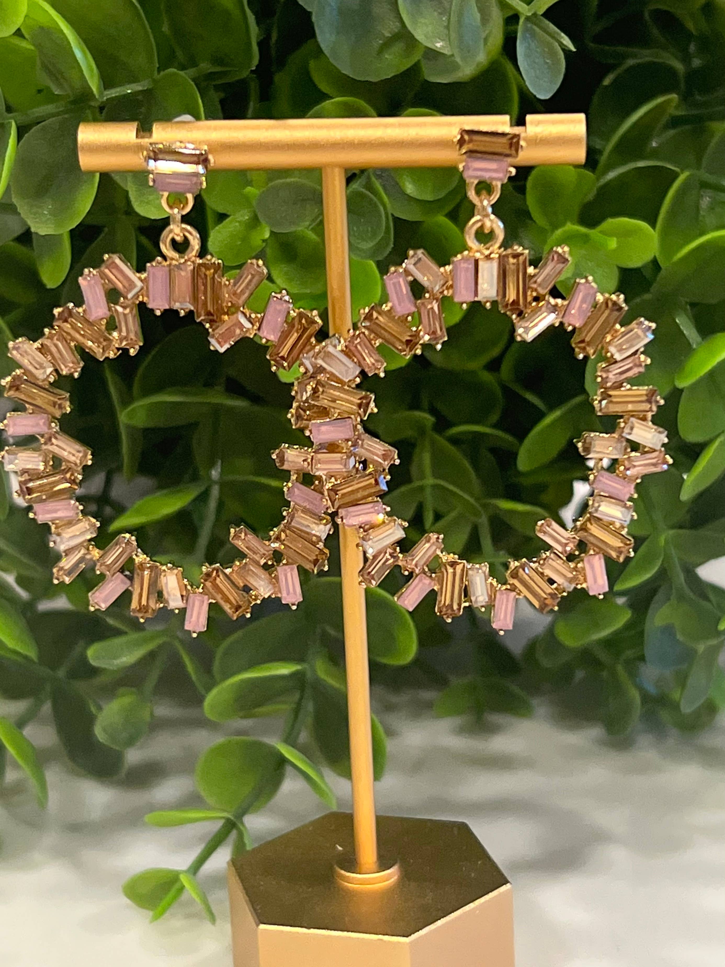 Buttoned Up with Lux - Champagne/Pink Crystal  Circular Earrings
