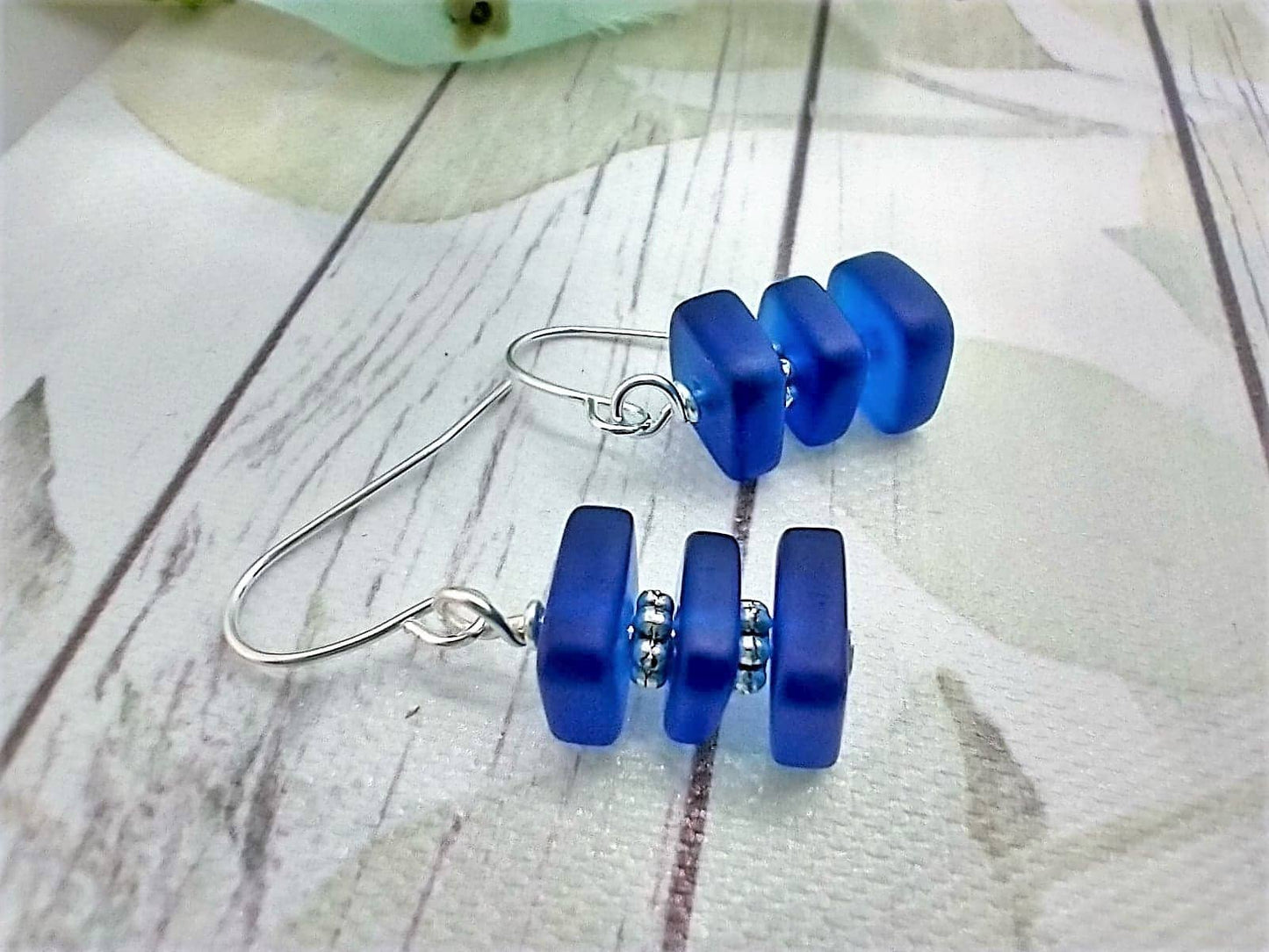 Bad Apple Designs - Stacked Square Sea Glass, .925 Sterling Silver Dangle Earrin