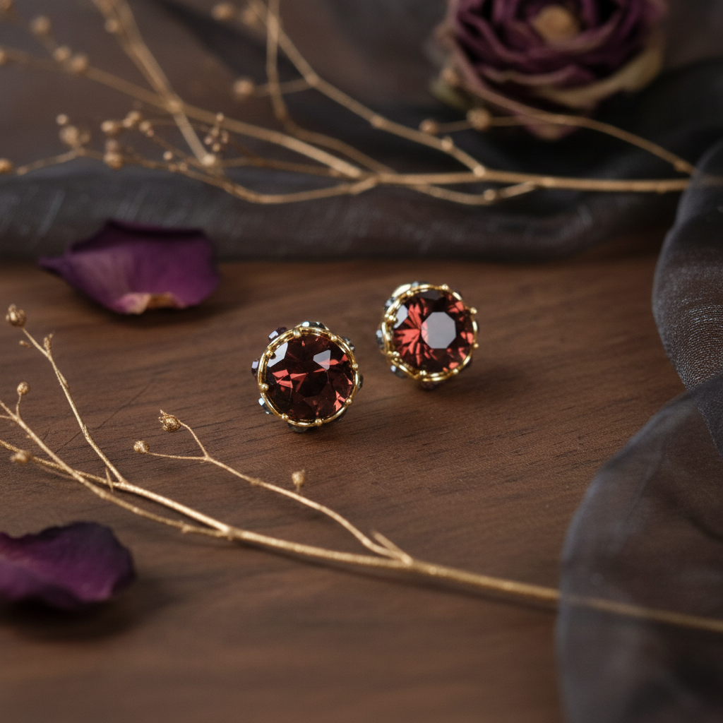 GirlyPirateCo - Vintage 18K Gold Plated Burgundy Crystal Stud Earrings