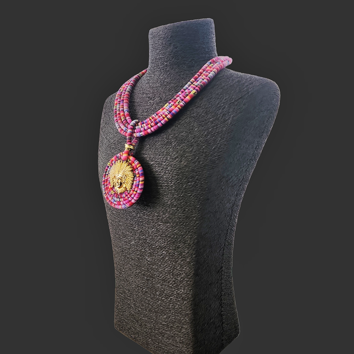 Gardenia Jewelry Ltd. - Pink & Gold Tribal Fusion Fabric Pendant Necklace
