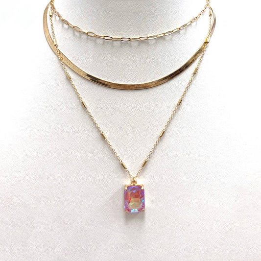 StarryNYC - Square Glass Pendant Multi Layer 3 Row Chain Necklace