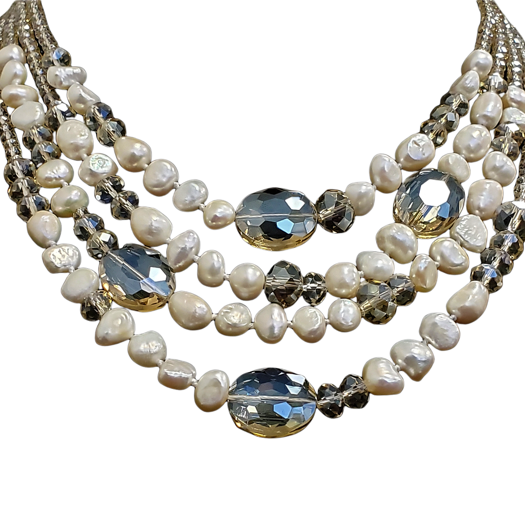 Gardenia Jewelry Ltd. - Handmade Multi Strand Champagne Crystal & Pearl Necklace