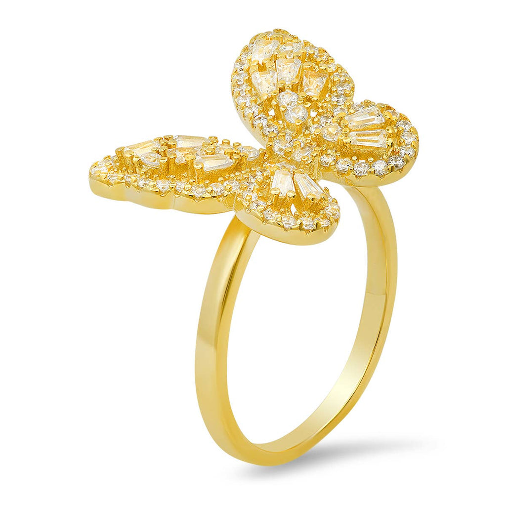 Queen Jewels - 925 Silver/Gold Diamond CZ Baguette Butterfly Ring