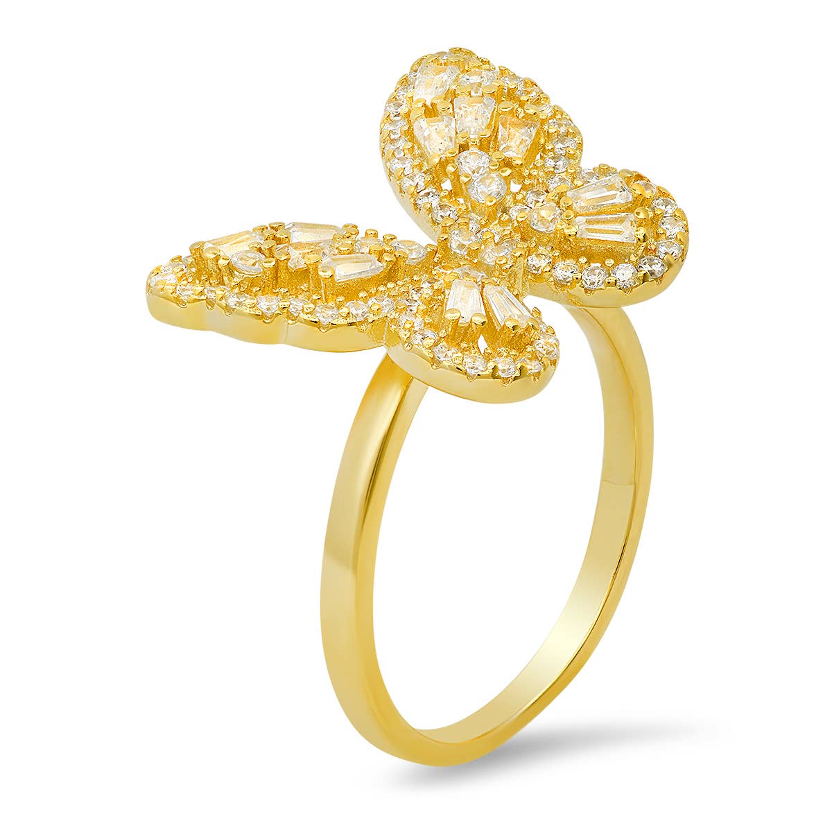 Queen Jewels - 925 Silver/Gold Diamond CZ Baguette Butterfly Ring