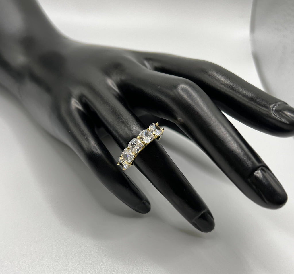 Queen Jewels - 925 Silver/Gold 5-Stone Diamond CZ Cushion Cut Ring