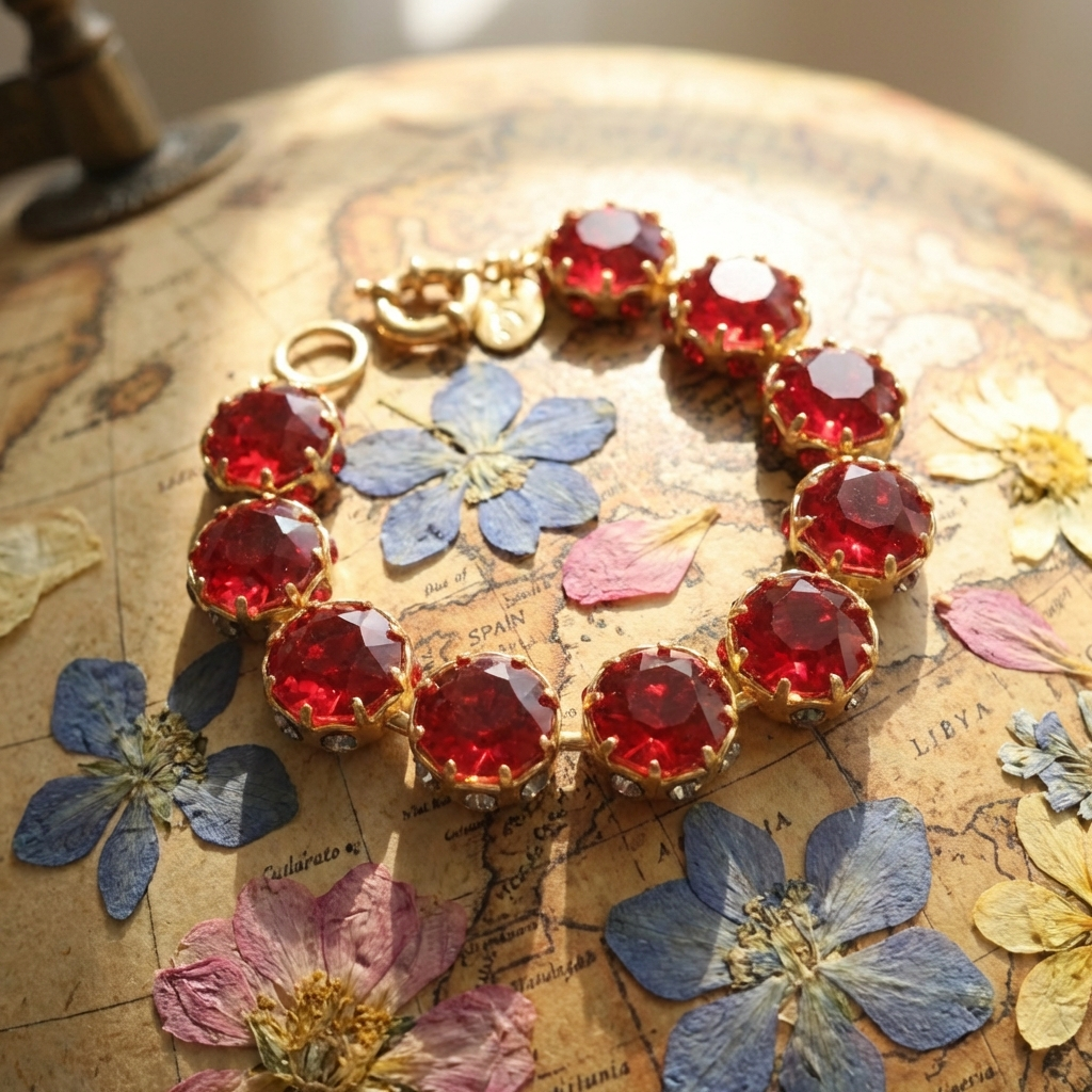 GirlyPirateCo - Vintage 18K Gold Plated Rose Red Crystal Bracelet