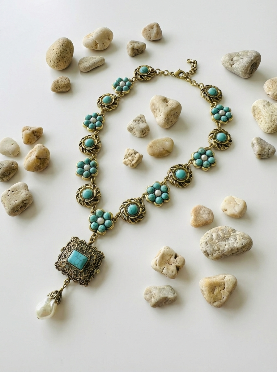 GirlyPirateCo - Vintage Turquoise & Natural Baroque Pearl Pendant Necklace
