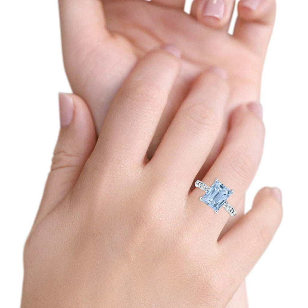 Blue Apple Imports - Vintage Emerald Cut Simulated Aquamarine CZ Engagement Ring