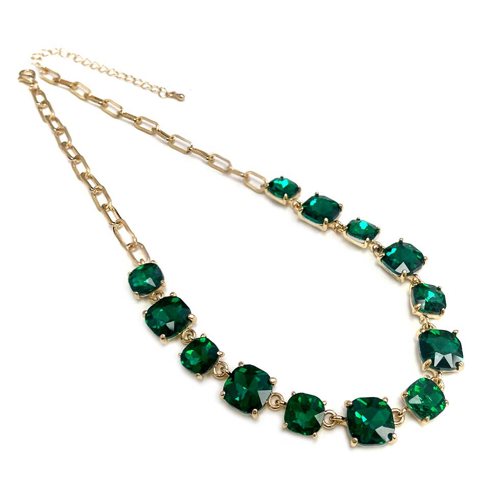 StarryNYC - Cushion Cut Square Glass Crystal Linked Chain Necklace