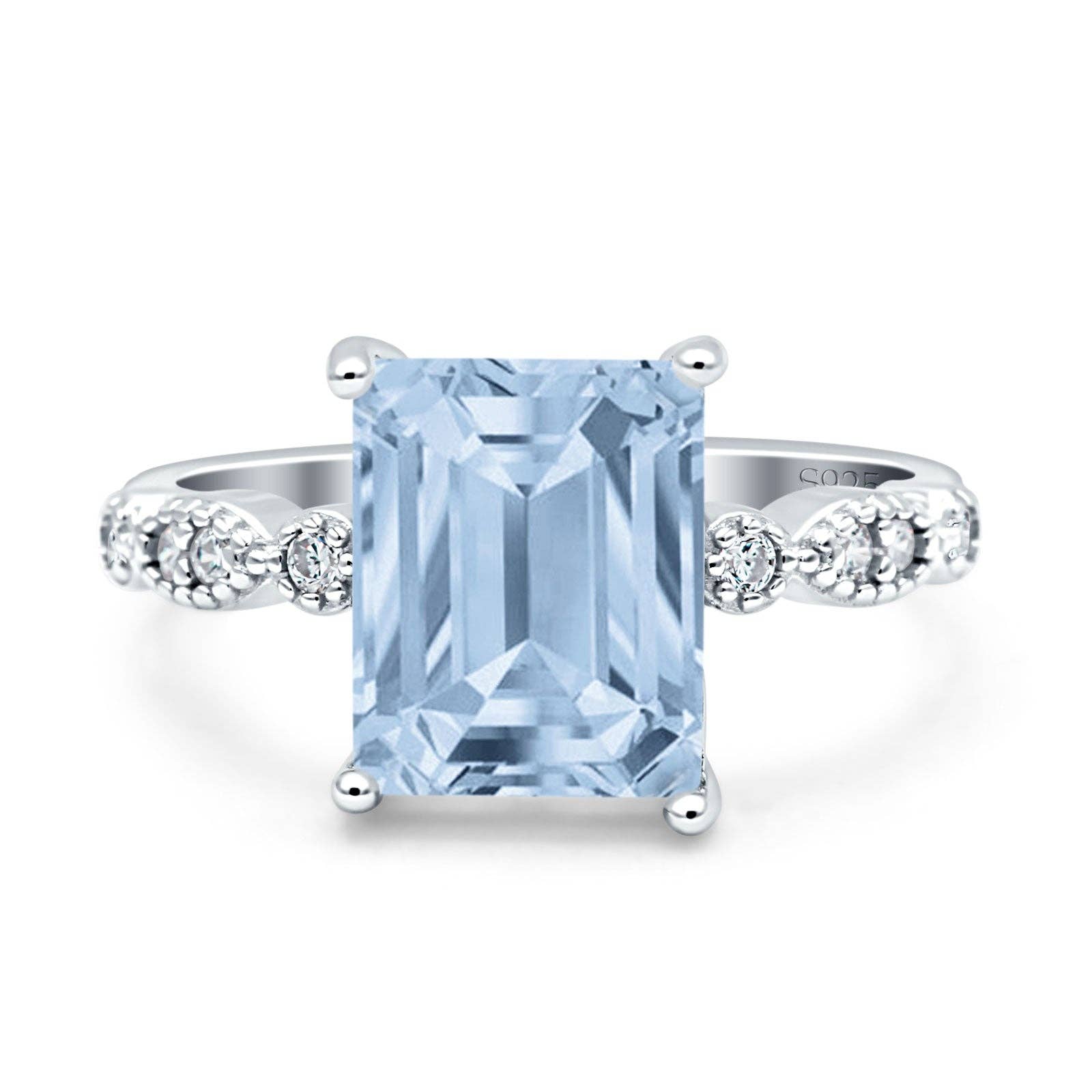 Blue Apple Imports - Vintage Emerald Cut Simulated Aquamarine CZ Engagement Ring