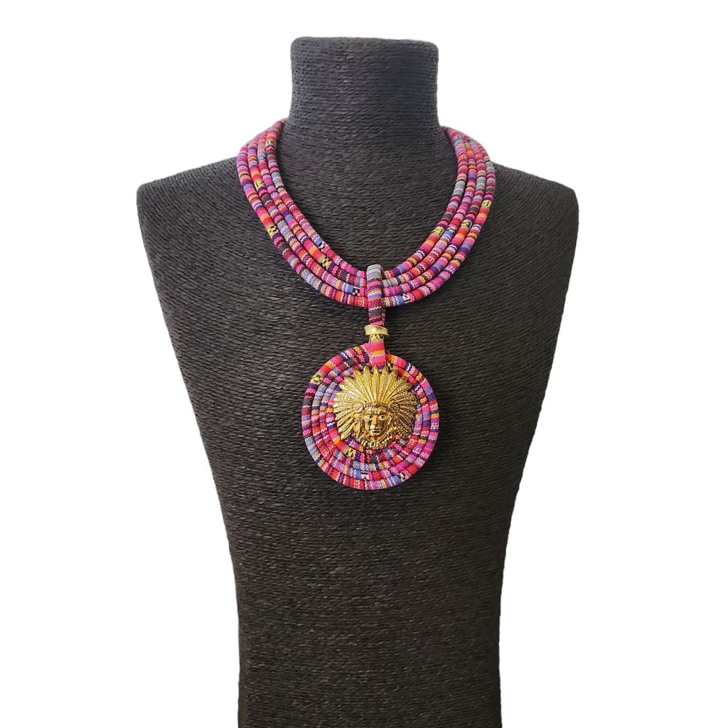 Gardenia Jewelry Ltd. - Pink & Gold Tribal Fusion Fabric Pendant Necklace