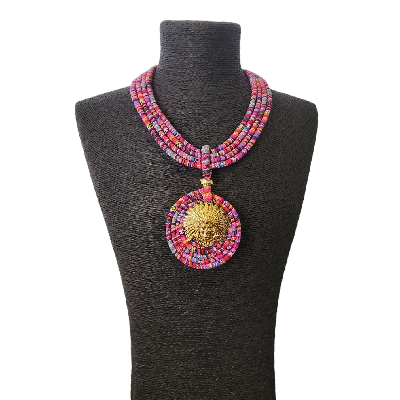 Gardenia Jewelry Ltd. - Pink & Gold Tribal Fusion Fabric Pendant Necklace
