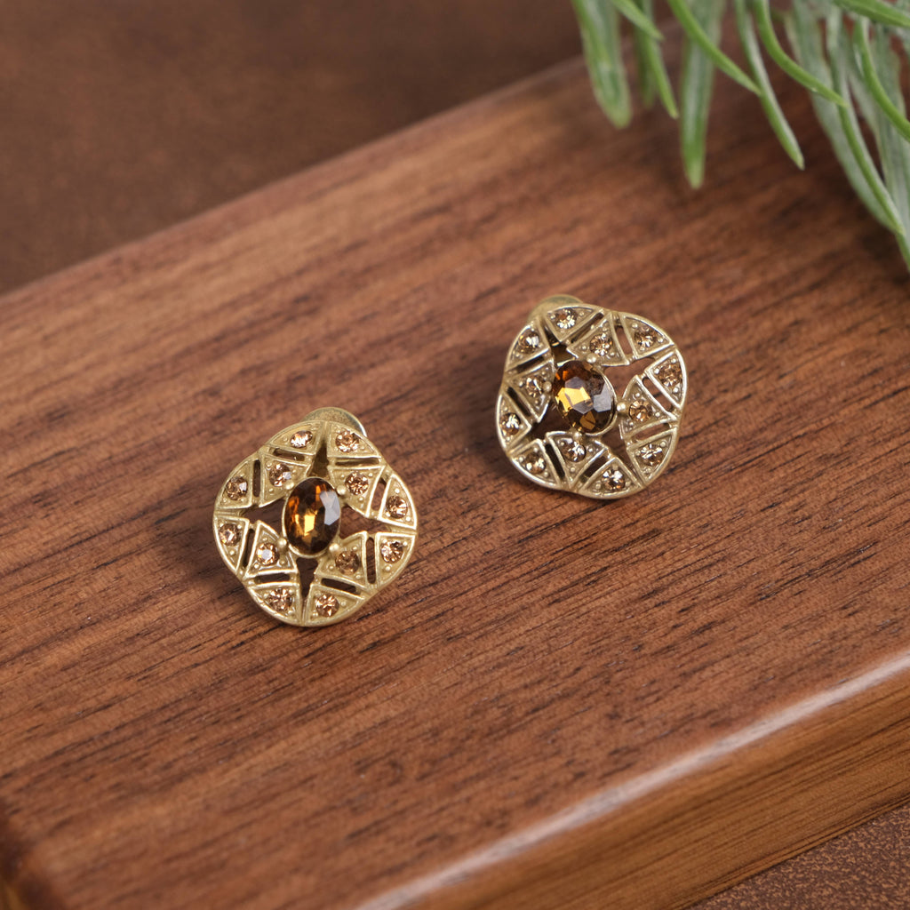GirlyPirateCo - Vintage 18K Gold Plated Hollow Caramel Crystals Earrings