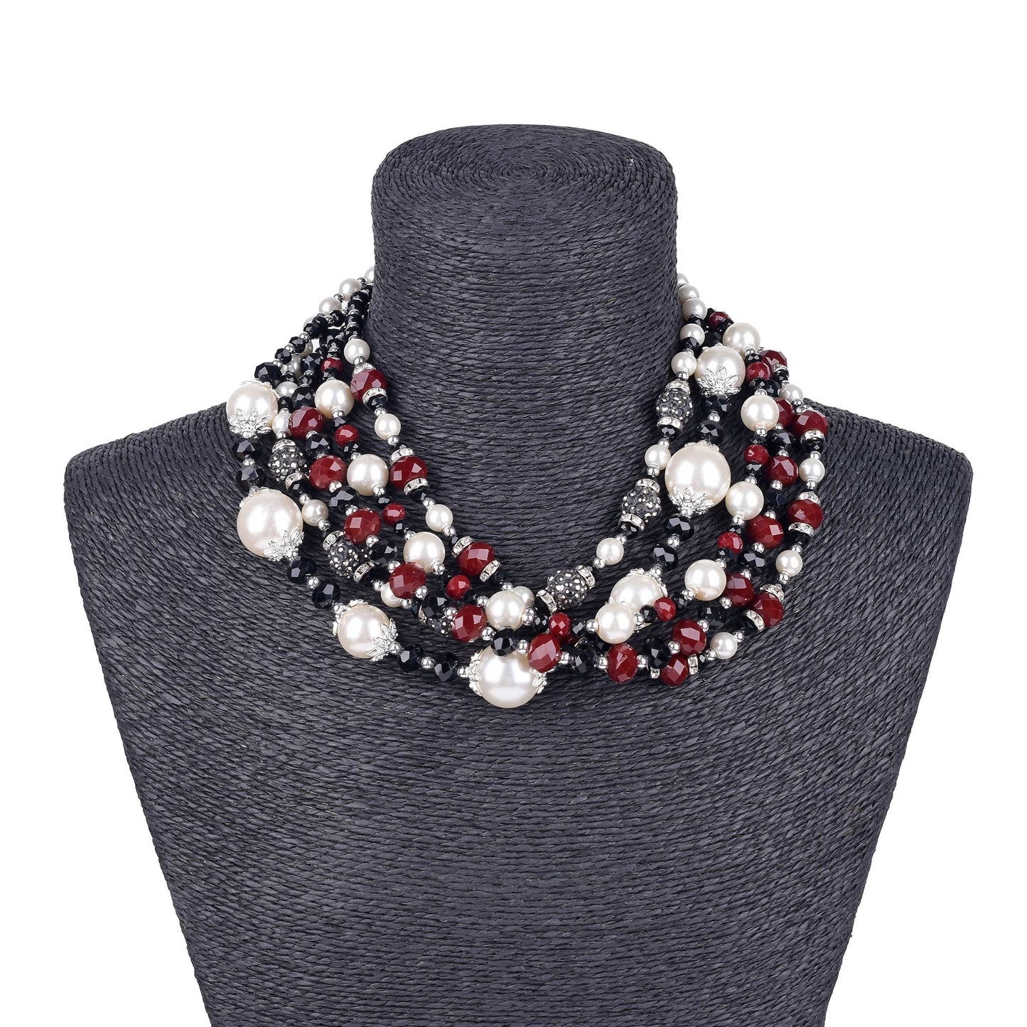 Gardenia Jewelry Ltd. - Burgundy Crystal & Pearl Dramatic Multi-Strand Necklace